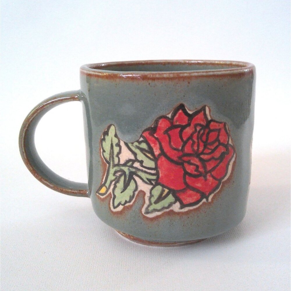 Signed Studio Pottery Stoneware Mug Tattoo Art Rose Pin Up Girl Small Flaw